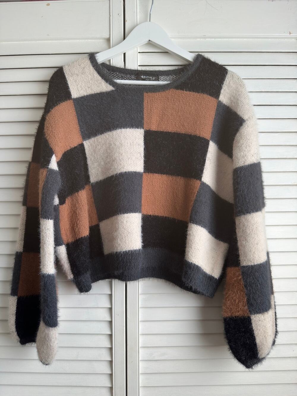 4SI3NNA Ryder Checkerboard Knit Cropped Sweater Brown Plaid NWOT Small
